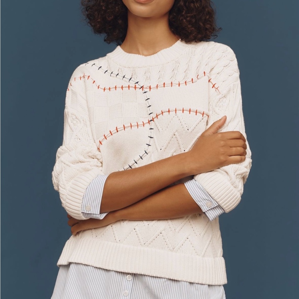 Anthropologie Cream Sweater with Orange and Black Stitching